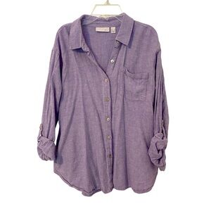 Susan Graver Pure Women's Linen Blend Purple Button-Up Shirt Size Medium